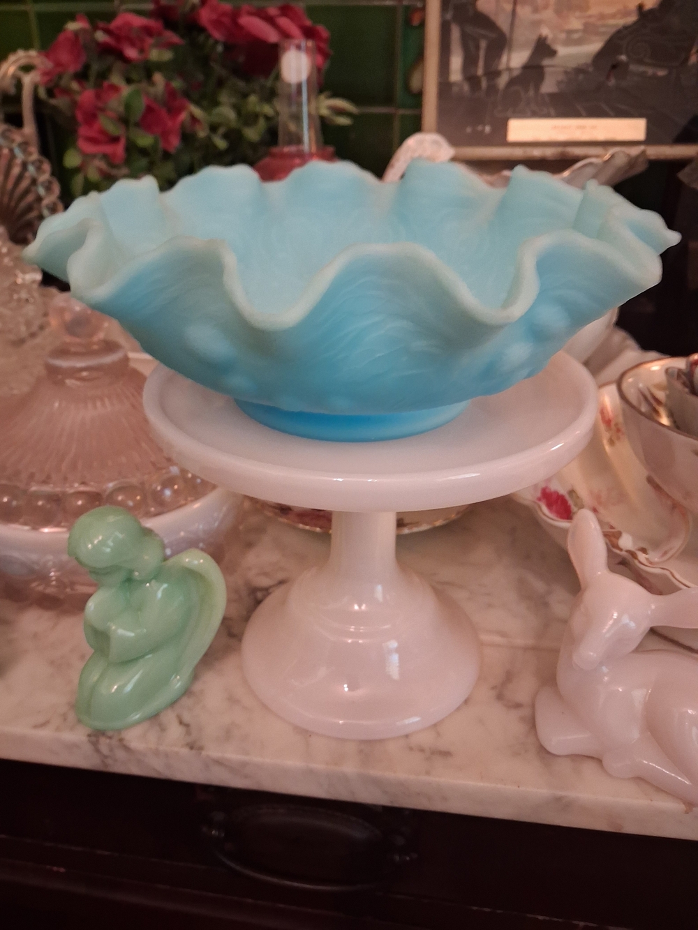 Fenton Blue Ruffled Glass Centerpiece Bowl